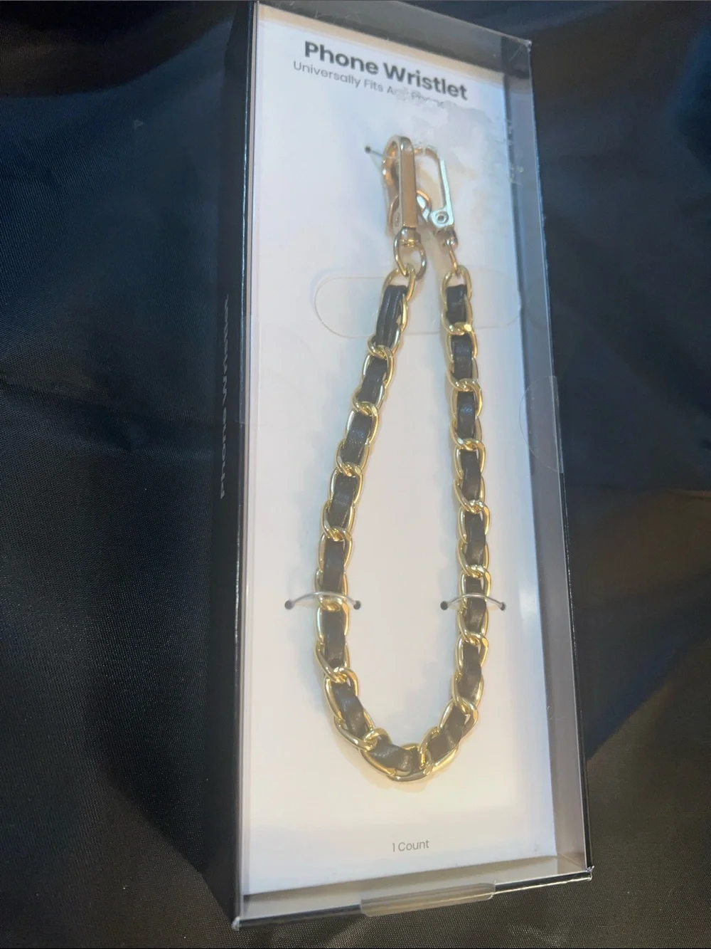 NIB Universal Phone Wristlet Golden Chain With Faux Black leather 12.5in